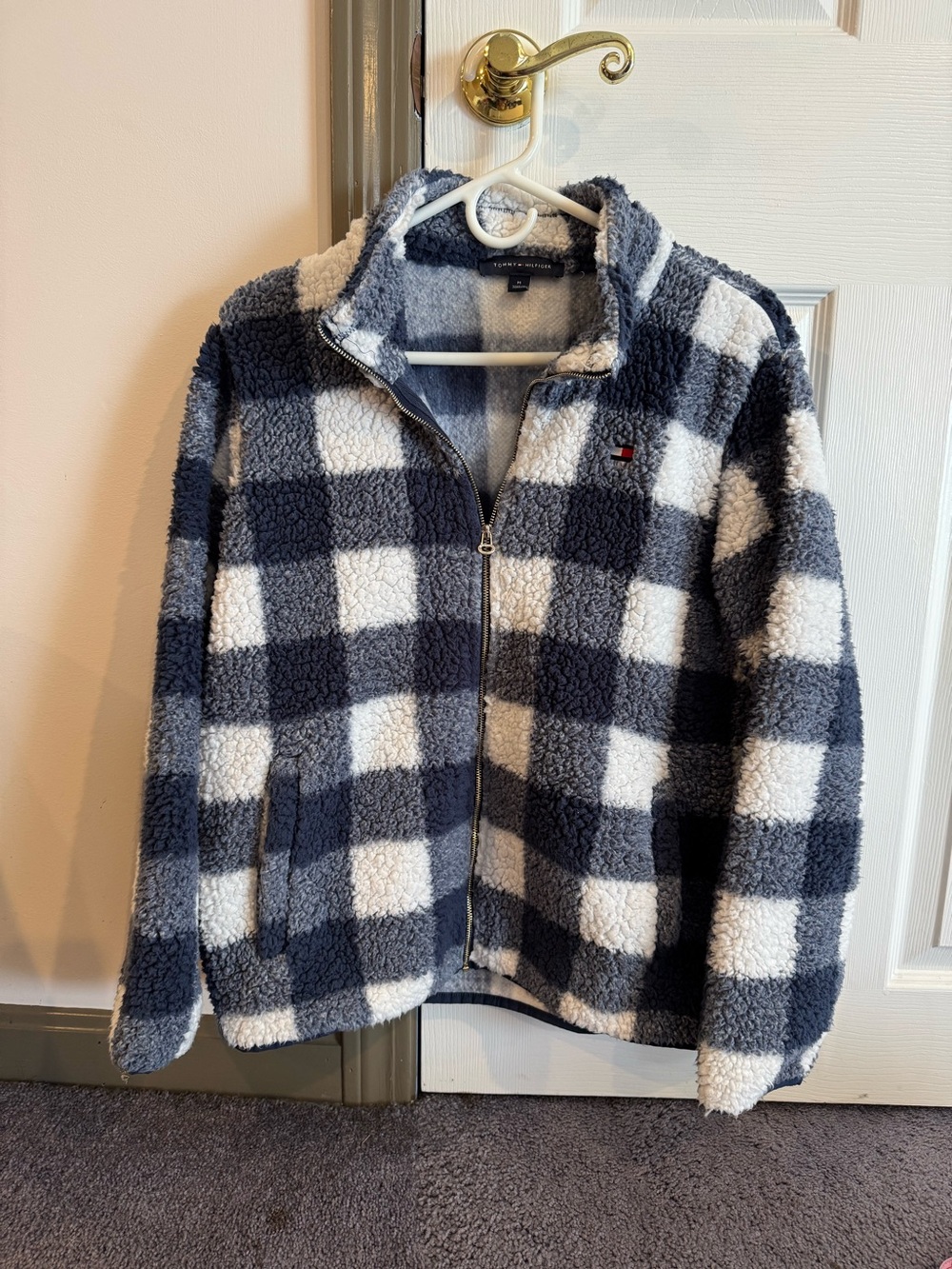 Tommy Hilfiger Navy and White Plaid Fleece Jacket